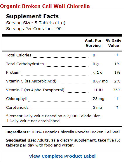 Chlorella Label Snapshot