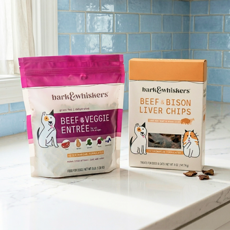 Beef & Veggie Entrée and Beef & Bison Liver Chips pet supplements
