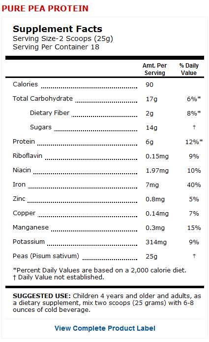 Pure Pea Protein Product Label