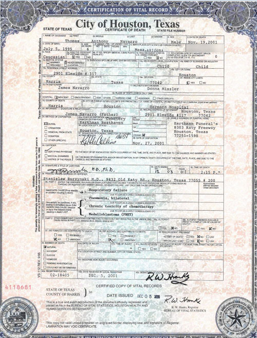 Thomas Navarro death certificate